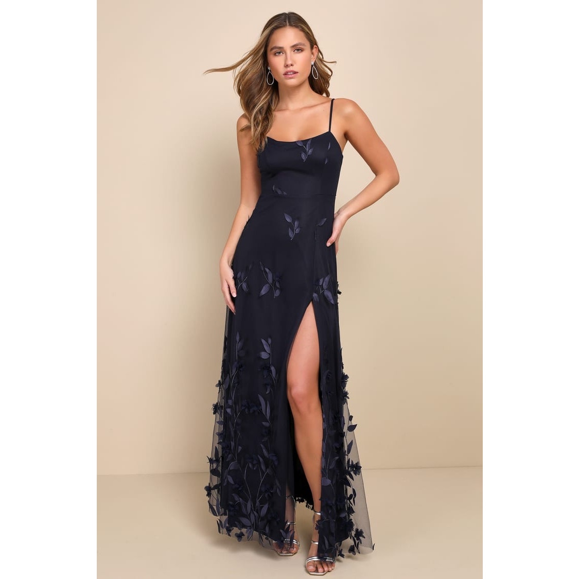 Nwt Lulus Abundant Charm Navy Blue 3d Floral Applique Maxi Dress Cocktail Size S